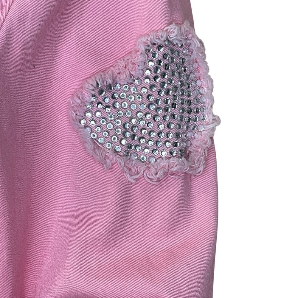 Quacker Factory Denim Button Down Jacket Distressed Rhinestone Hearts Pink S - Picture 3 of 15